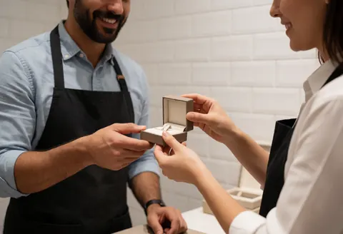 A professional jeweler hands a ring box to a smiling customer in a jewelry store with white ceramic walls.