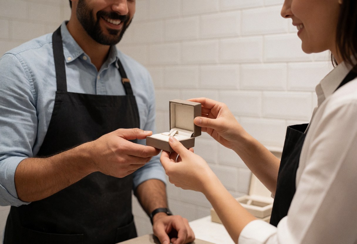 A professional jeweler hands a ring box to a smiling customer in a jewelry store with white ceramic walls.