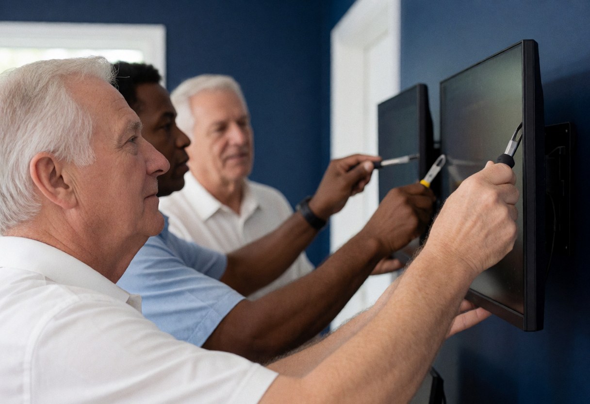 Three technicians install monitors on a blue wall in a small office using tools for IT support service