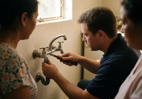 Close-up of a plumber's hands using pliers to fix a kitchen sink faucet during a home repair service