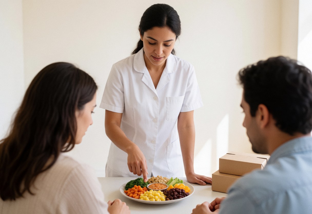 A nutritionist in a modern clinic explains a plate of healthy foods to a client, demonstrating personalized diet planning and balanced nutrition.