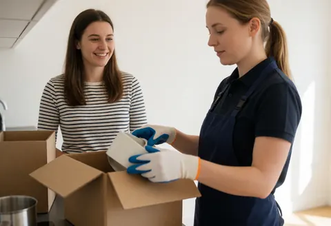 A professional mover wearing gloves unpacks a box in a modern kitchen while a smiling client stands nearby.