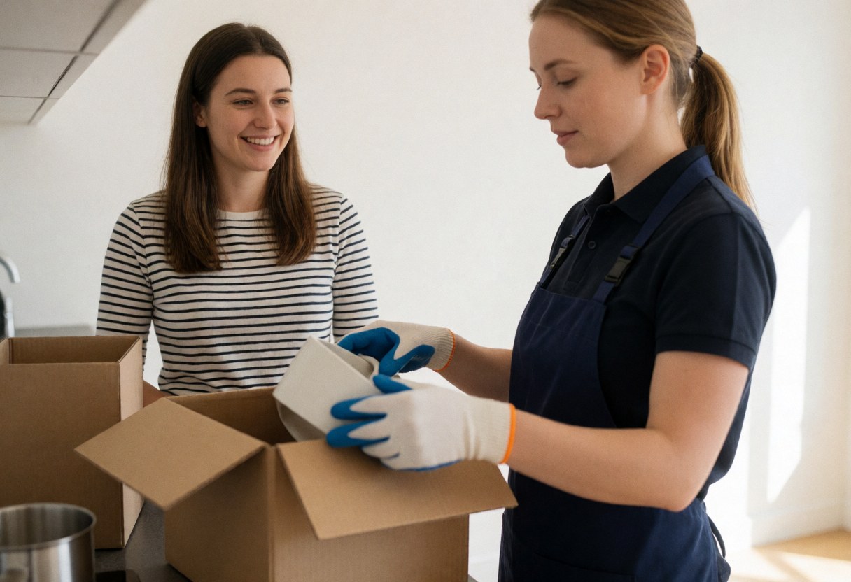 A professional mover wearing gloves unpacks a box in a modern kitchen while a smiling client stands nearby.