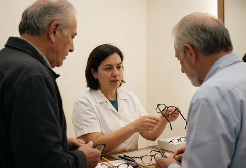 An optometrist in an optical store explains the features of a pair of eyeglasses to a customer during a consultation.