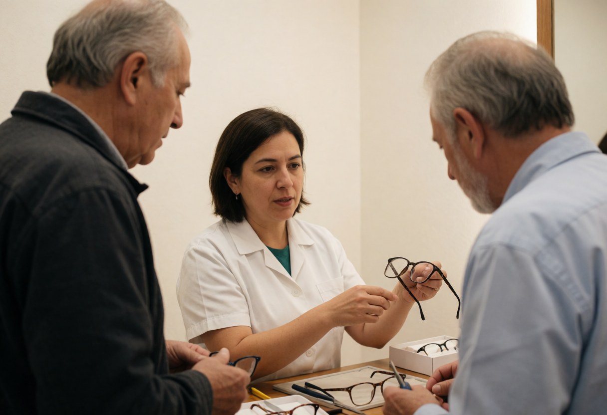 An optometrist in an optical store explains the features of a pair of eyeglasses to a customer during a consultation.