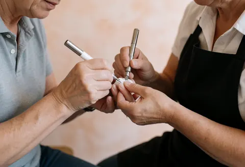 A professional manicurist carefully filing a client's nails using tools in a beauty salon with terracotta colored walls.