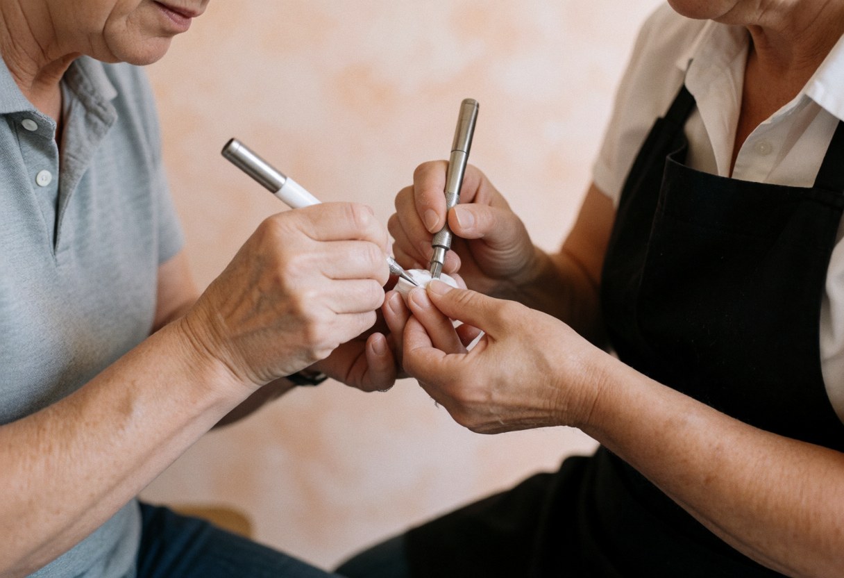 A professional manicurist carefully filing a client's nails using tools in a beauty salon with terracotta colored walls.