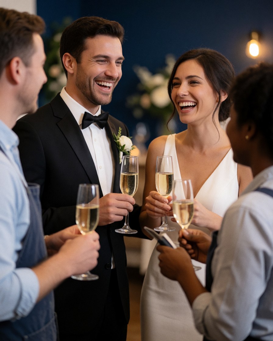 A smiling bride and groom hold champagne glasses while greeting guests at a wedding reception with warm lighting and decorated background.