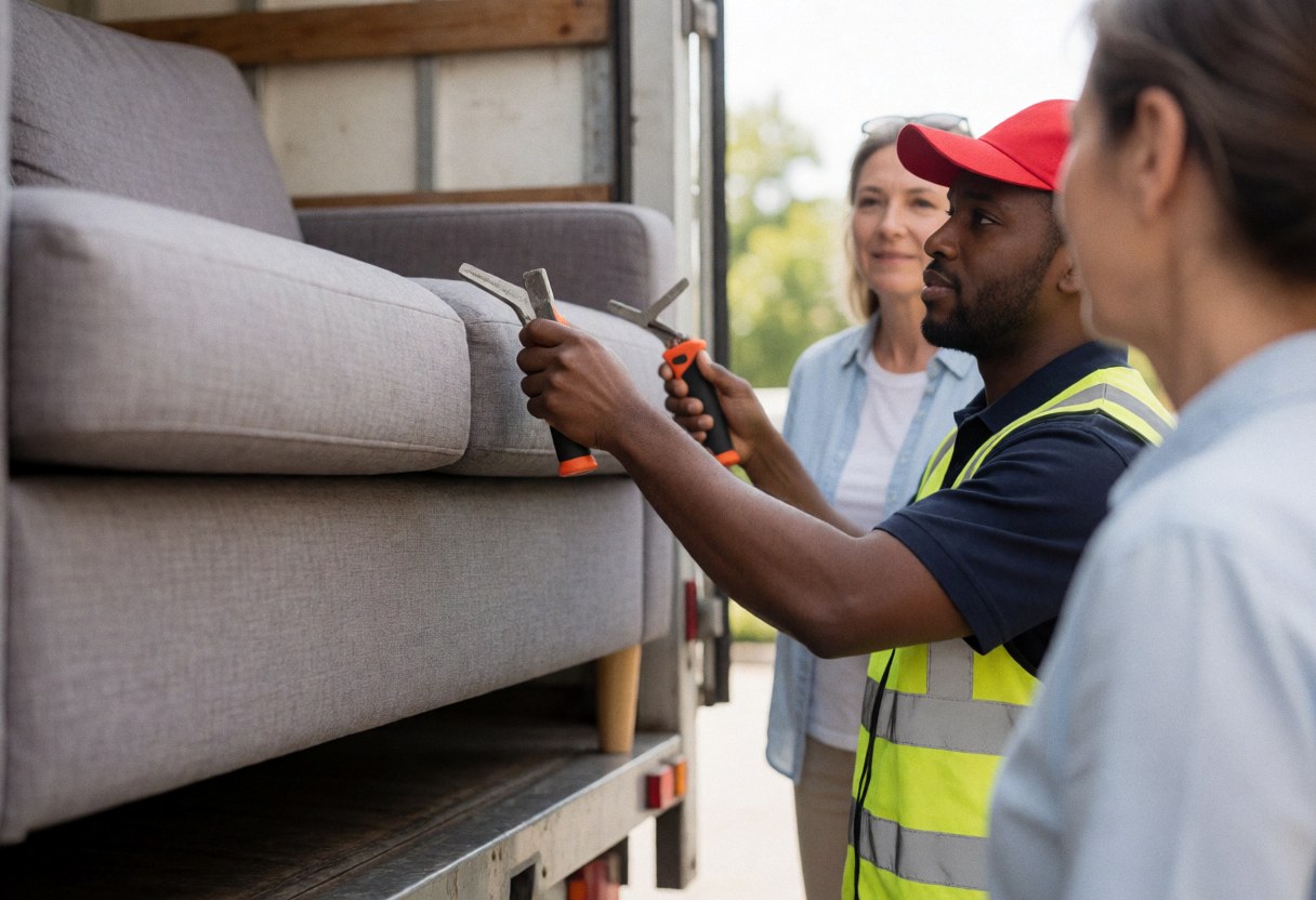 A worker in a safety vest loads a gray sofa into the back of a truck while a woman watches nearby during an outdoor furniture delivery.