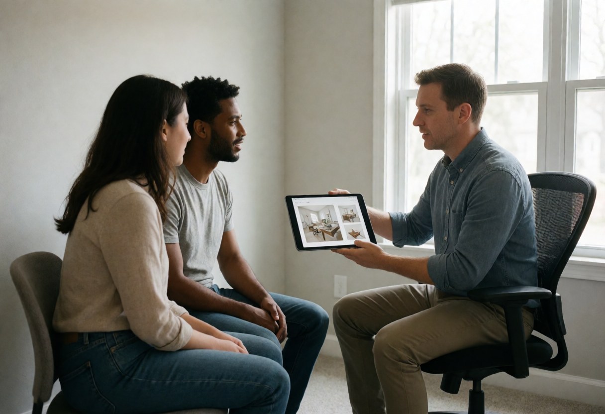 Interior designer explains design options on a tablet to a couple seated in an office with natural light from a window
