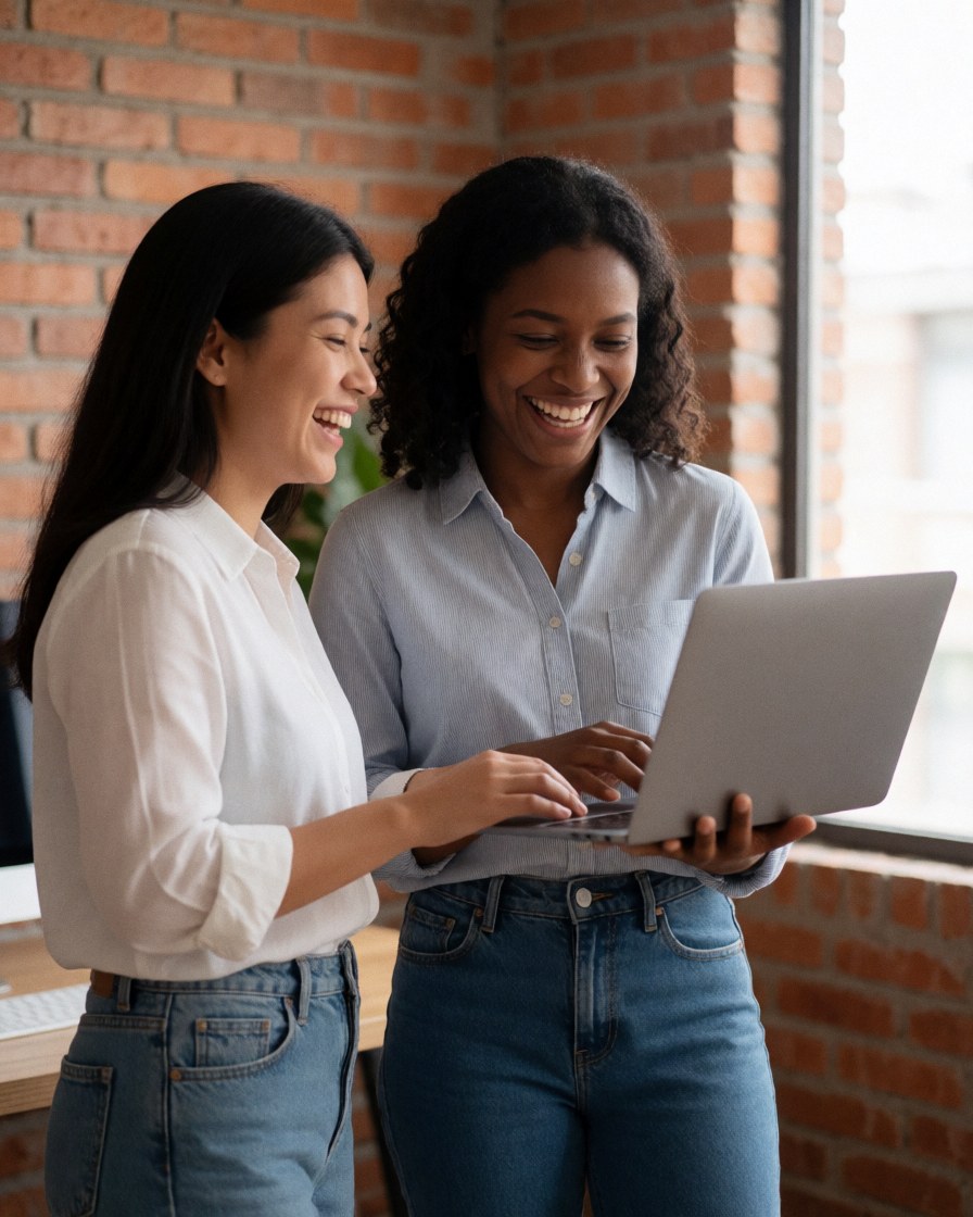 Two young women smiling while reviewing a laptop in an office with brick walls and natural light, dressed in shirts and jeans, collaborating in a casual environment.
