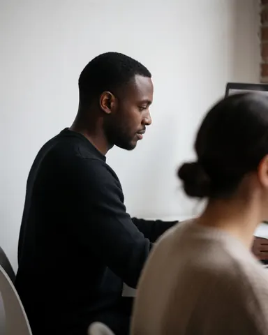 A focused professional man working on a laptop computer at a modern office desk with soft lighting and a white wall background