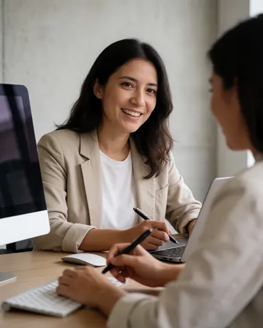 A professional woman in an office working with a computer and laptop, smiling while talking to another person.