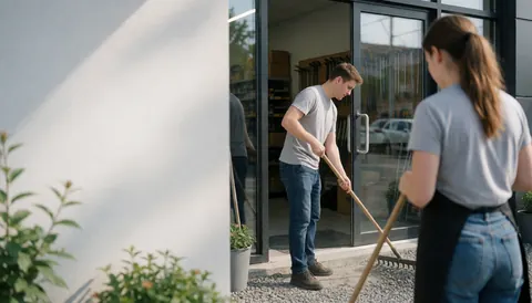 A worker rakes gravel at the entrance of a modern hardware store with glass doors and visible tools inside, while another person works nearby.