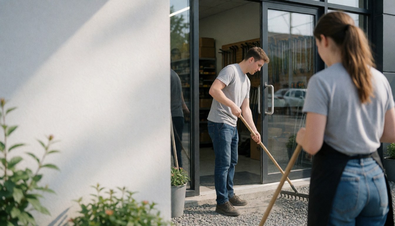 A worker rakes gravel at the entrance of a modern hardware store with glass doors and visible tools inside, while another person works nearby.