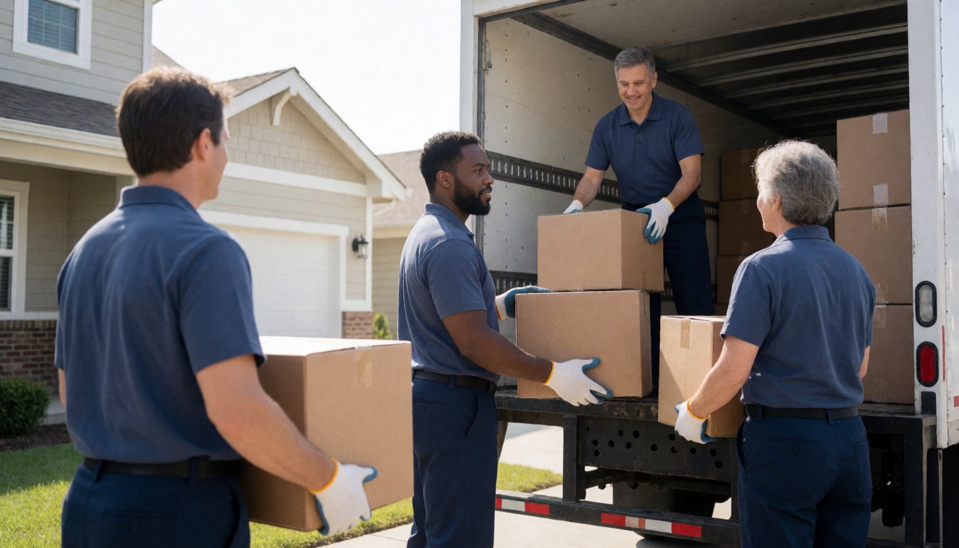 Uniformed moving team in blue shirts and gloves loading cardboard boxes into a truck outside a home on a sunny day.