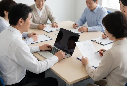 Group of professionals gathered around a table with documents and a laptop, focused on signing and reviewing contracts.