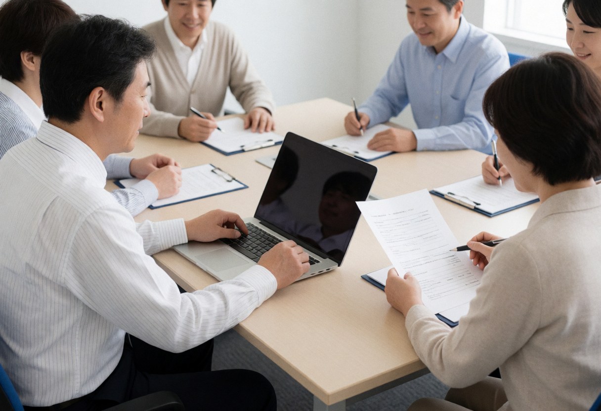 Group of professionals gathered around a table with documents and a laptop, focused on signing and reviewing contracts.