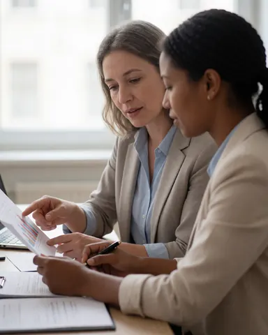 Two professional women review a chart on an office desk, one pointing while the other holds a pencil, with natural light from a window.