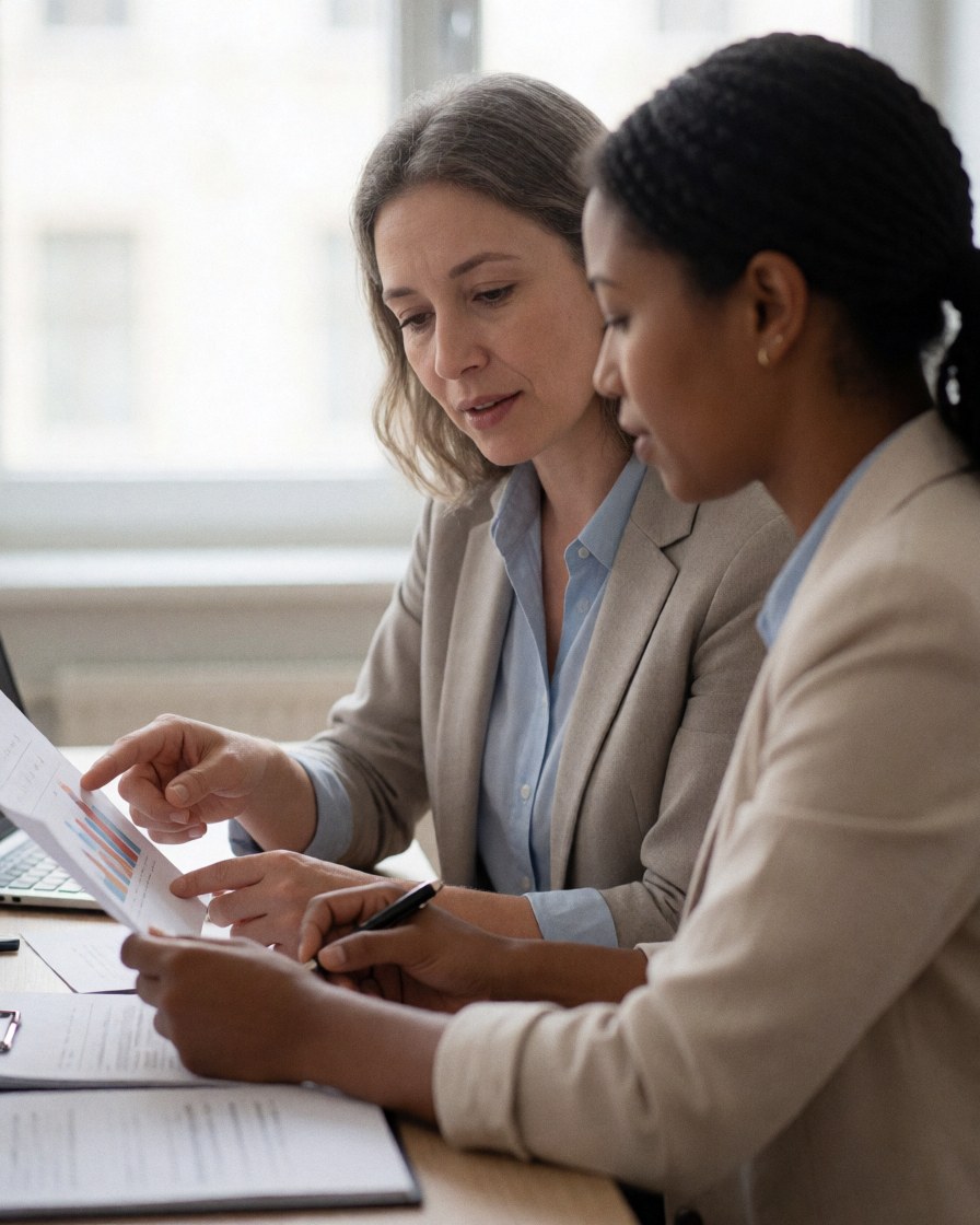 Two professional women review a chart on an office desk, one pointing while the other holds a pencil, with natural light from a window.