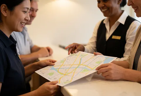A hotel receptionist holds an open city map while smiling and explaining directions to guests at the front desk.