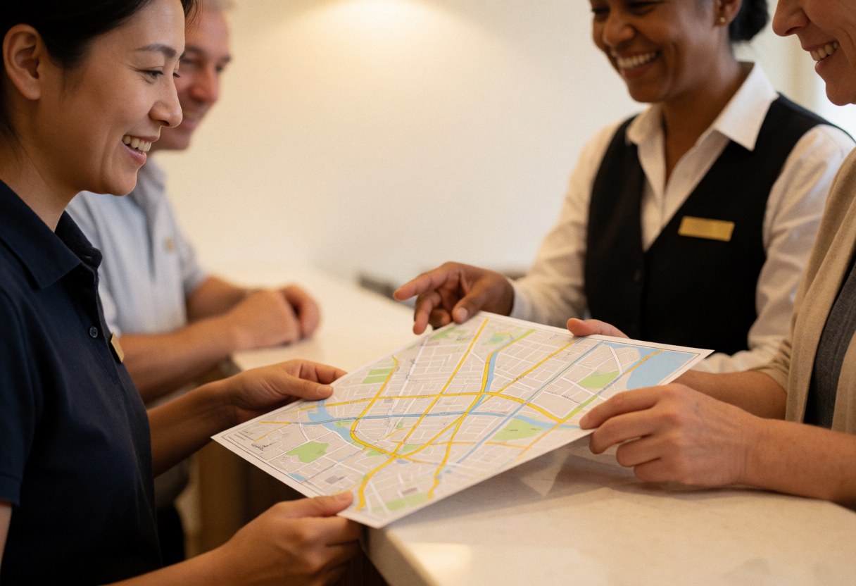A hotel receptionist holds an open city map while smiling and explaining directions to guests at the front desk.