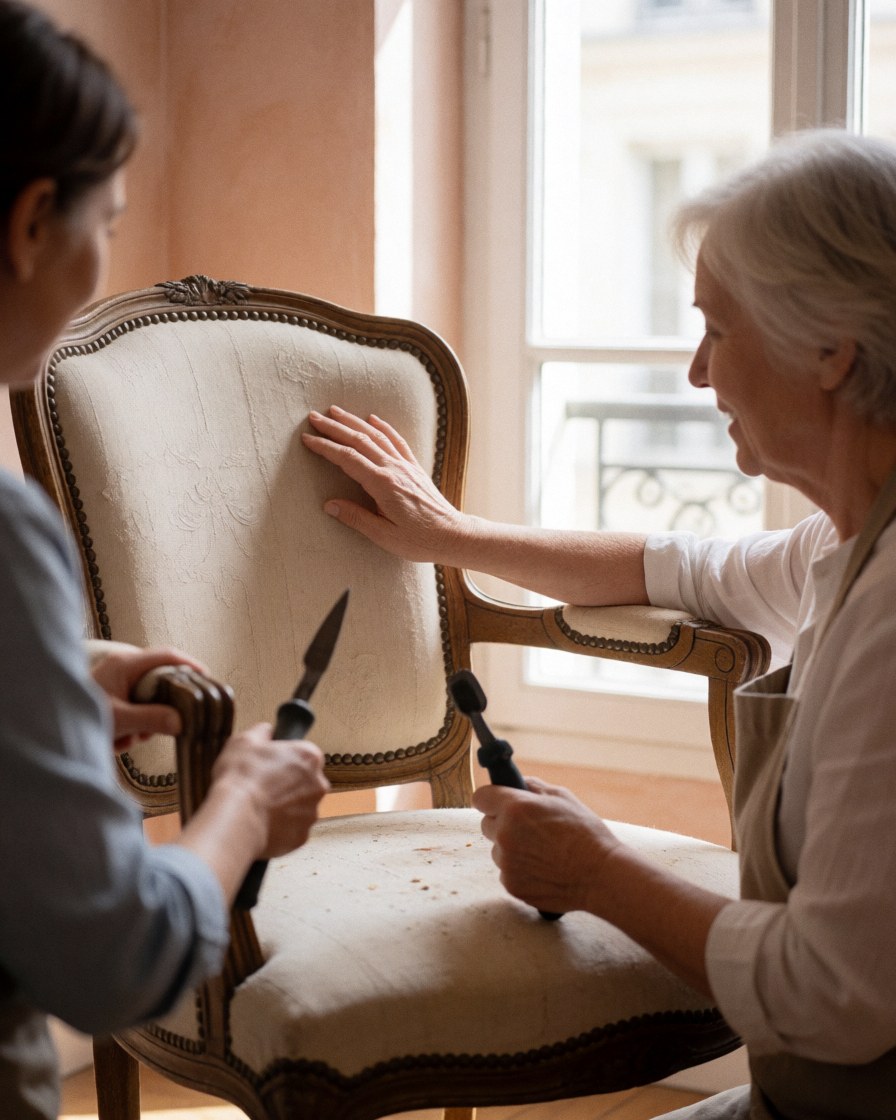 A senior woman gently touches a vintage chair as a professional restorer works on it with tools near a window in an apartment.