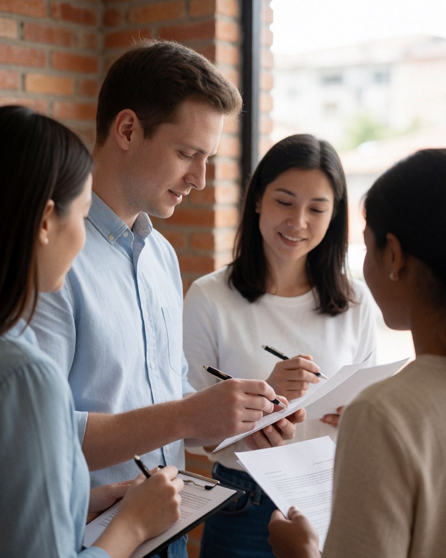 Four event planners review and sign documents at a desk in a brick-walled office with natural light, showing collaboration.