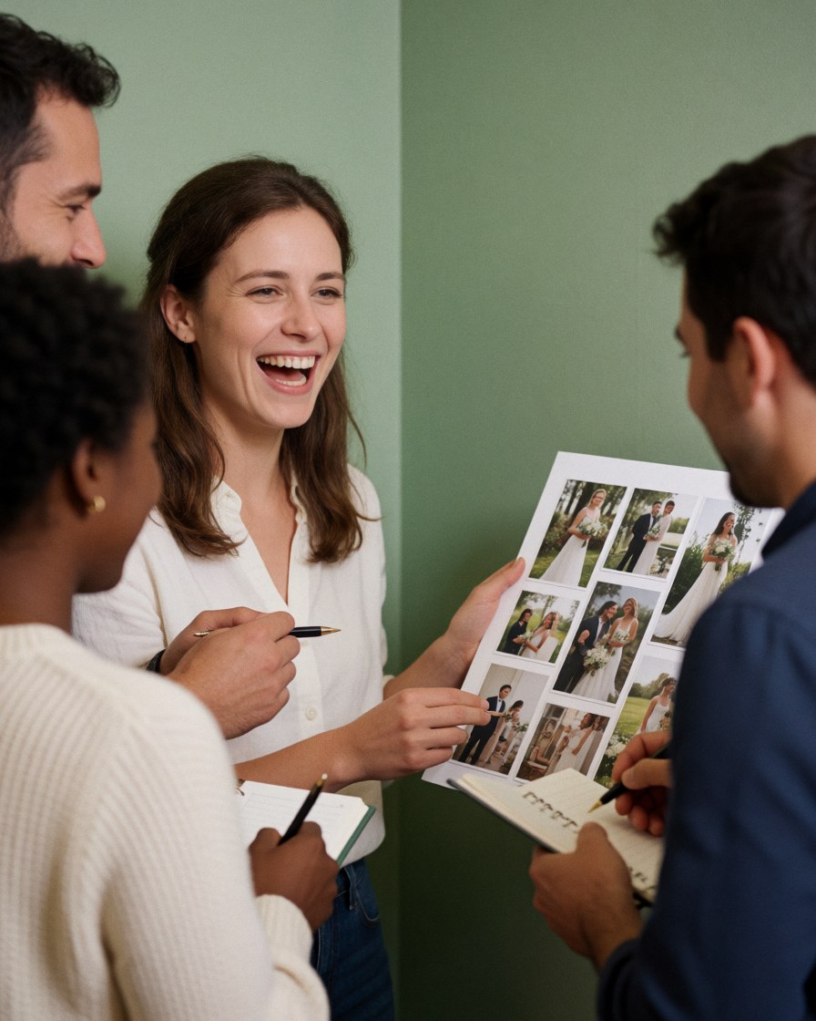 A smiling bride looks at a mood board with wedding photos alongside her planner in a studio with green walls.