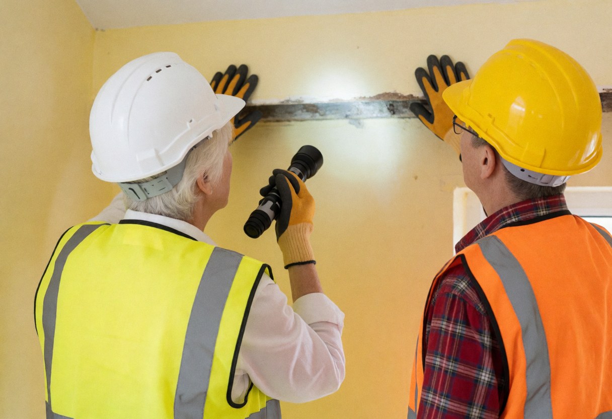 A construction worker wearing safety gear inspects the structural integrity of a building wall during a site inspection.