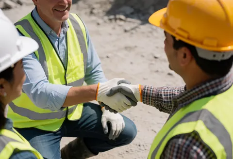 An architect and a contractor shake hands on a sunny construction site in Mexico while wearing safety helmets and vests to show professional agreement.