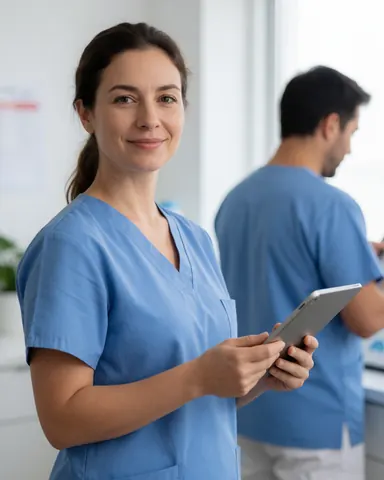 A nurse in a blue uniform holds a tablet while looking at the camera with a smile. A man stands with his back turned in the background of the modern clinic.