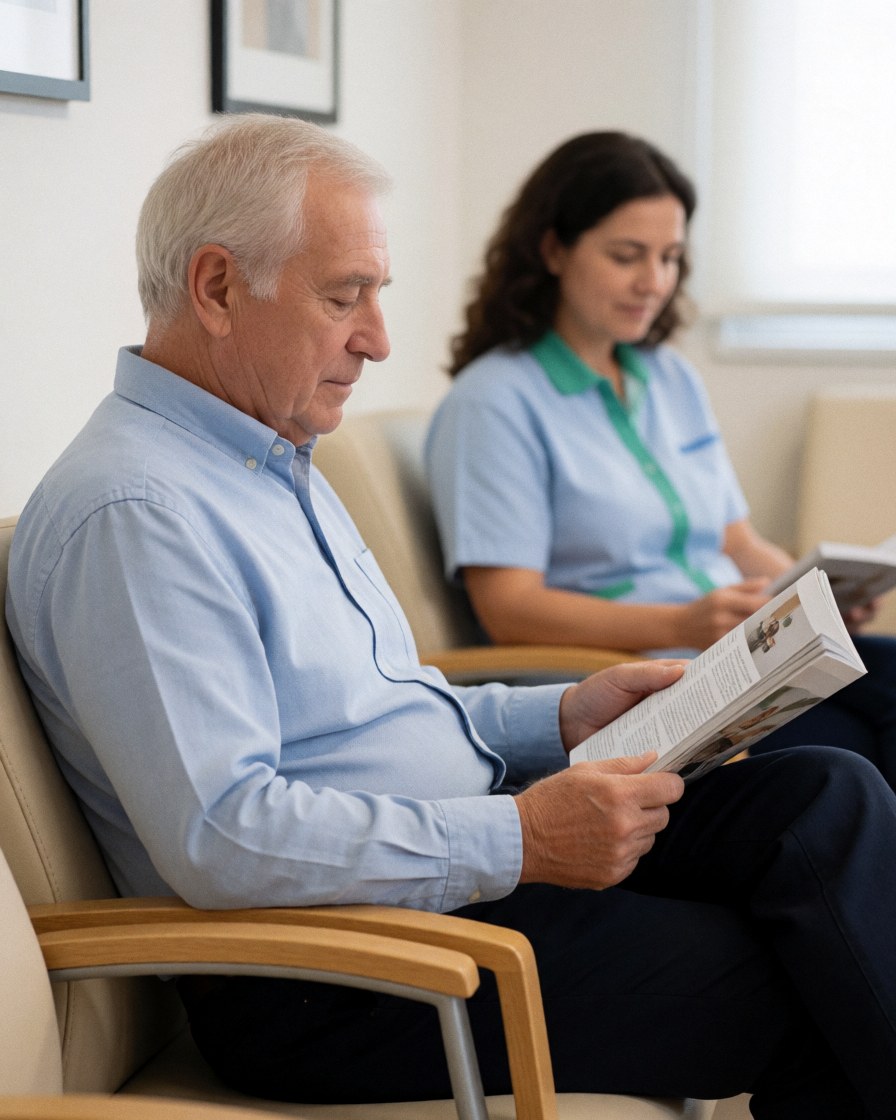 A senior patient sits comfortably in a chair reading a magazine while waiting for a medical appointment in a calm clinic interior with soft lighting