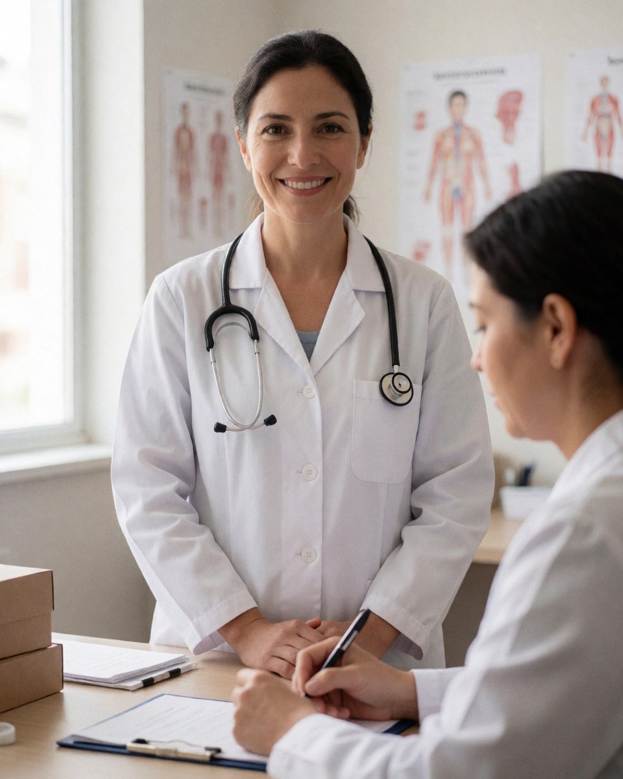 Female doctor with stethoscope reviewing documents with a patient in a clinical room with anatomy posters on the wall