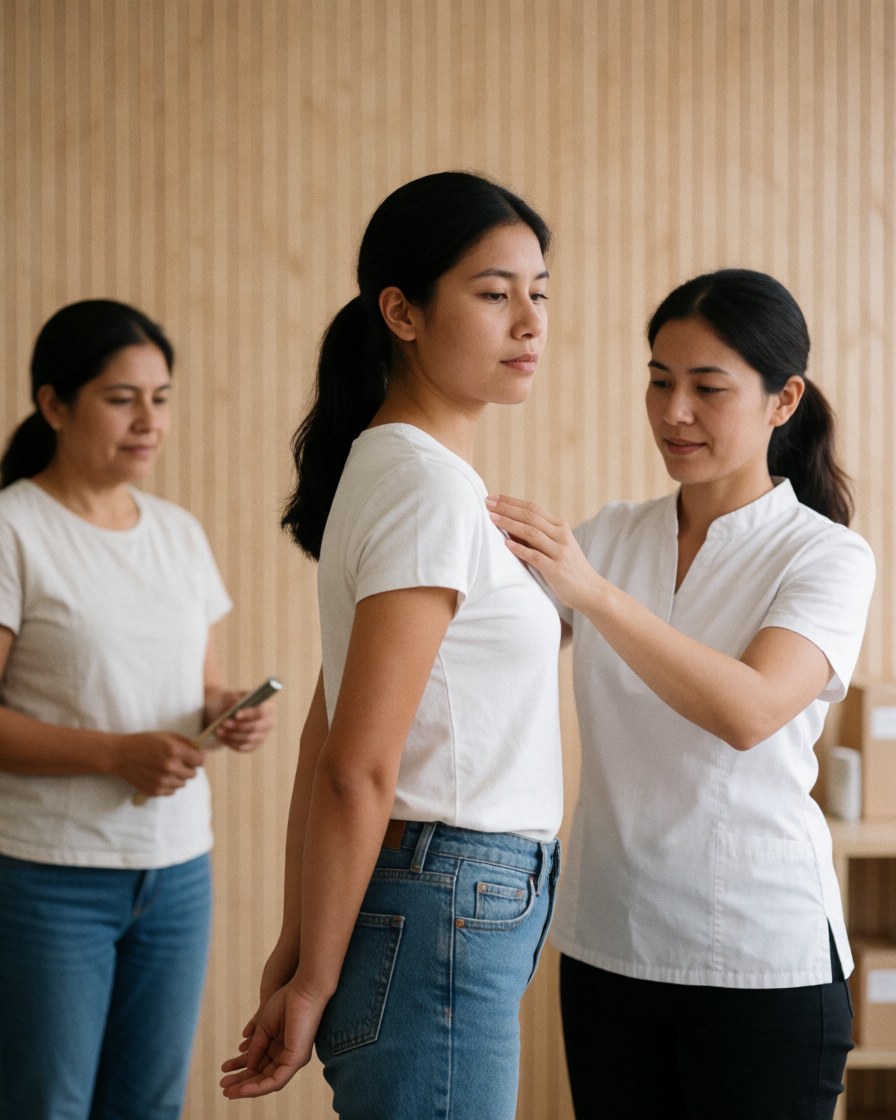 A smiling woman in a blouse and jeans sits on a treatment table while a therapist performs a spinal adjustment in a bright clinical setting.