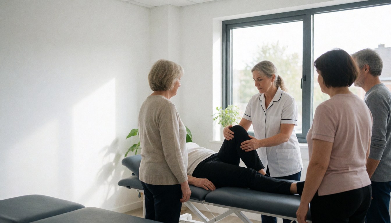 Physical therapist treating a patient's leg on a treatment bed in a clean, modern clinic with natural light from a window.