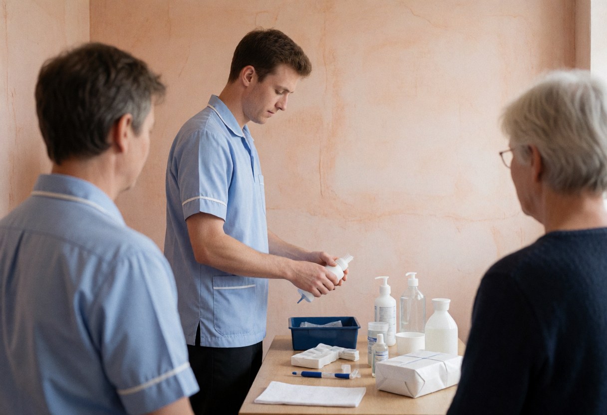 A physical therapist prepares gel and ultrasound devices for a session while two patients watch from the sides in a clinical setting.