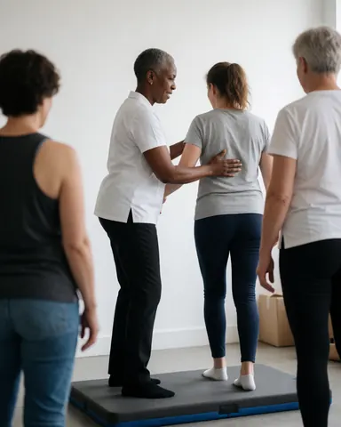 A physical therapist assists a patient in maintaining balance on a mat in a gym while others observe the rehabilitation process.