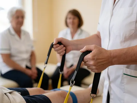A physical therapist applies resistance bands to a patient's leg in a clinic with two seated patients in the background.
