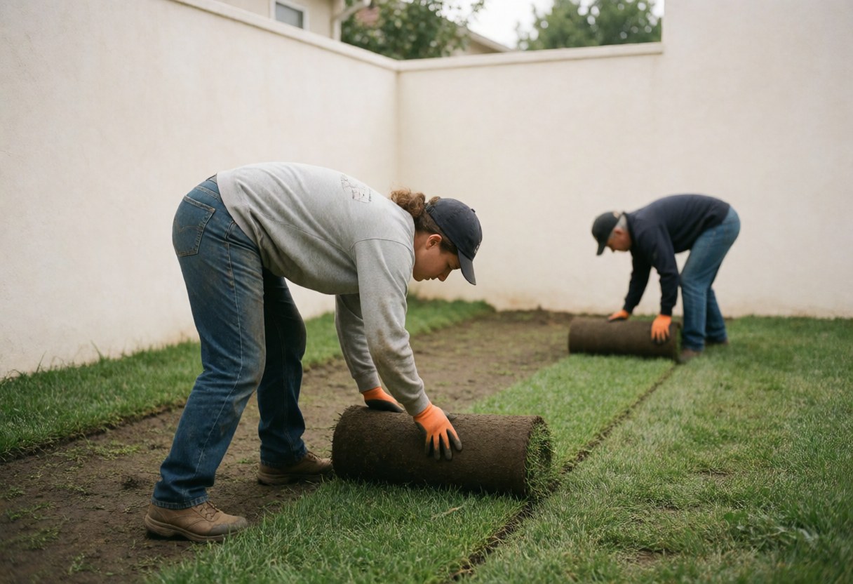 A worker wearing gloves and a cap places rolls of grass in a yard with a white wall background, showing landscaping service in action.