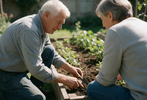 A landscaper and client work together in a garden bed, handling soil and young plants under sunlight.