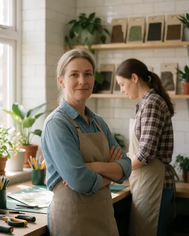 Professional woman working at her garden design office desk surrounded by potted plants and gardening tools in a bright workspace.