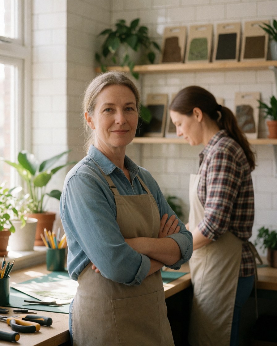 Professional woman working at her garden design office desk surrounded by potted plants and gardening tools in a bright workspace.
