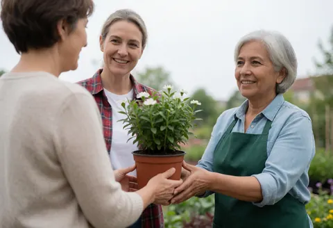 A smiling gardener hands a potted plant to a customer in an outdoor garden center while another woman watches nearby.