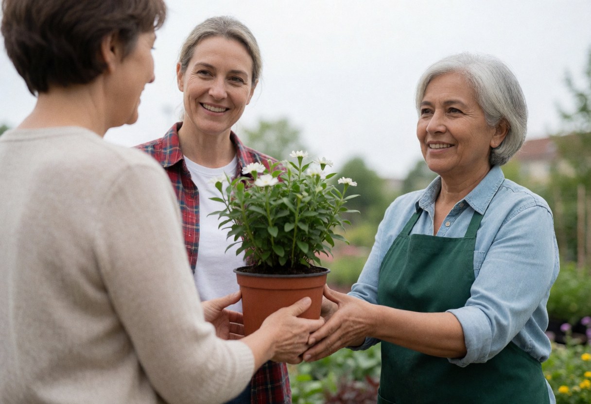 A smiling gardener hands a potted plant to a customer in an outdoor garden center while another woman watches nearby.
