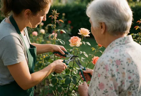 A female landscaper in a green apron cuts a rose with shears while an older client watches in a garden.