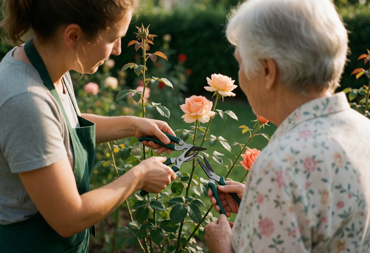 A female landscaper in a green apron cuts a rose with shears while an older client watches in a garden.