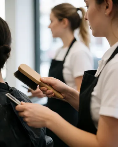 Female groomer using a brush on a dog in a bright modern salon with visible tools and natural light