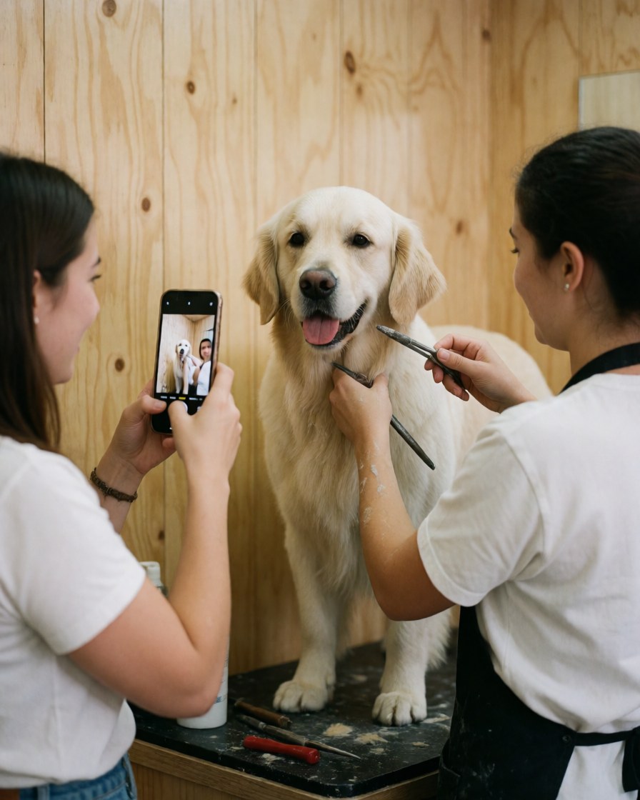 A groomer cuts a golden retriever's fur in a salon while a happy client takes a photo with her phone. The well-groomed dog smiles in the bright, warm room.