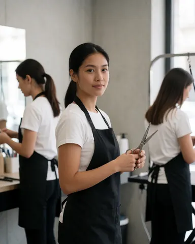Young female groomer holding scissors in a modern salon with concrete walls and other staff working in the background